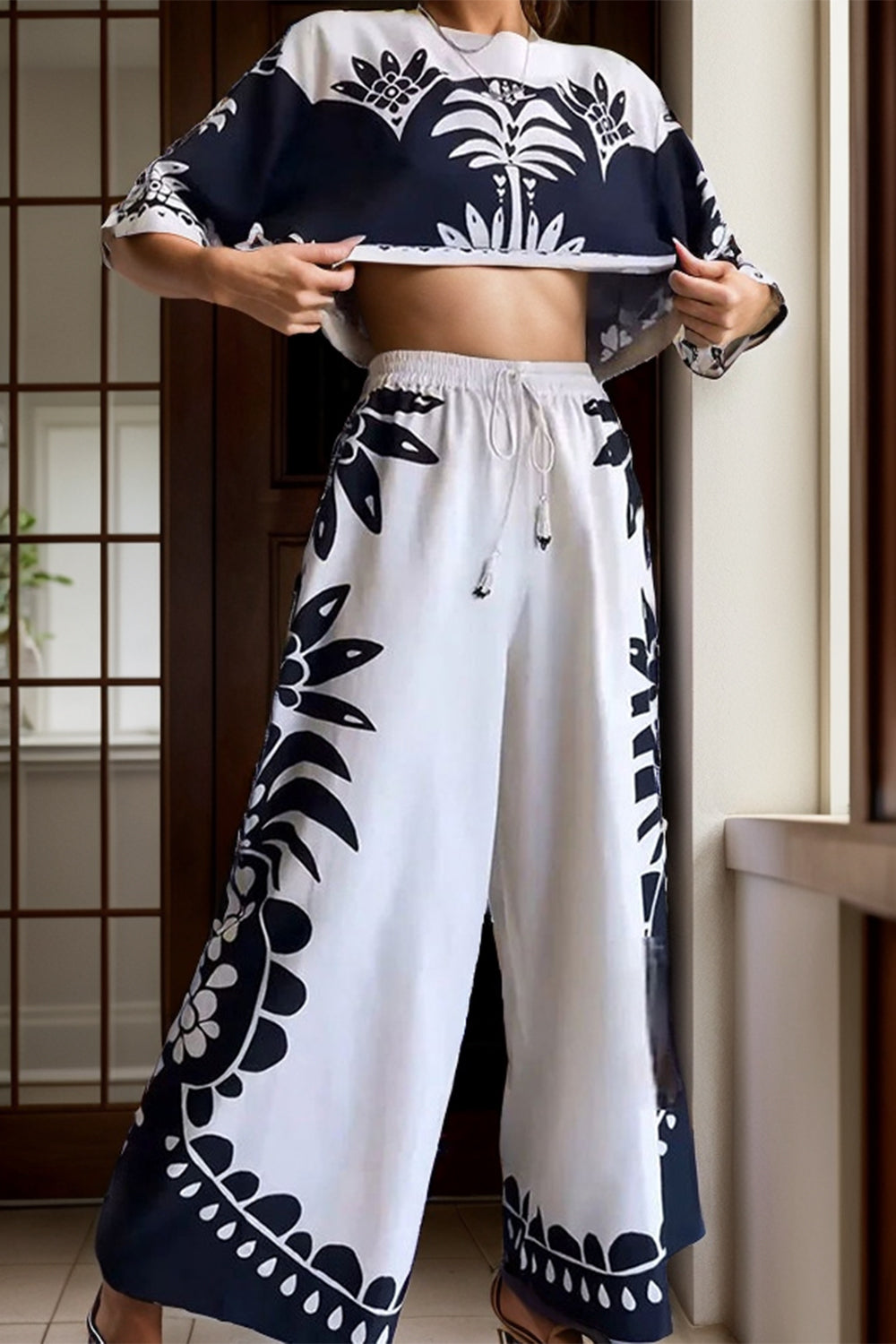 Printed Half Sleeve Top and Wide Leg Pants Set - SELFTRITSS   