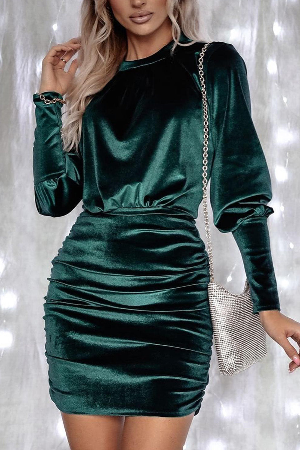 Green Velvet Puff Sleeve Ruched Bodycon Dress - SELFTRITSS   