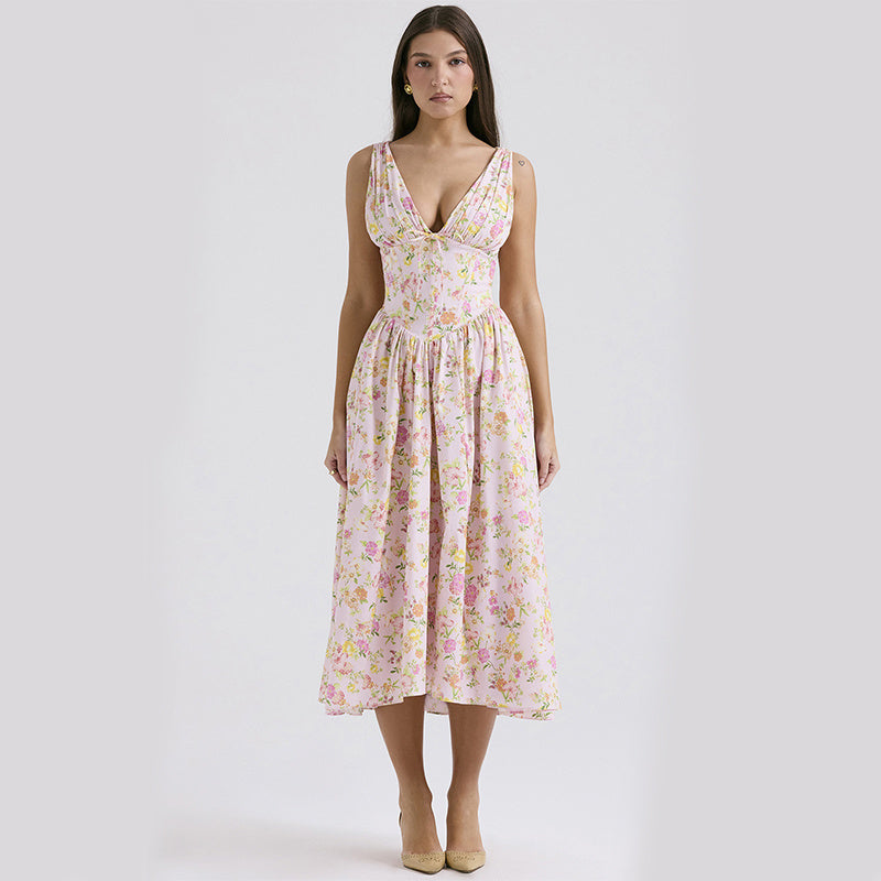 Pleated Floral Print Tight Waist Swing Dress - SELFTRITSS