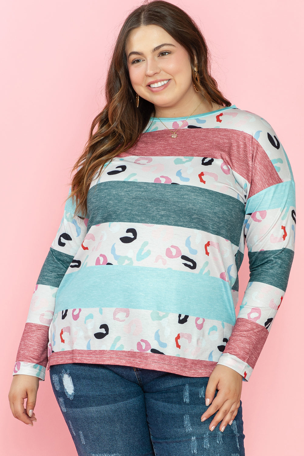 Sky Blue Stripe Plus Size Colorblock Pullover Top - SELFTRITSS   