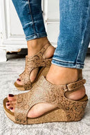 Brown Vintage Floral Leather Rivet Hollowed Platform Sandals - SELFTRITSS