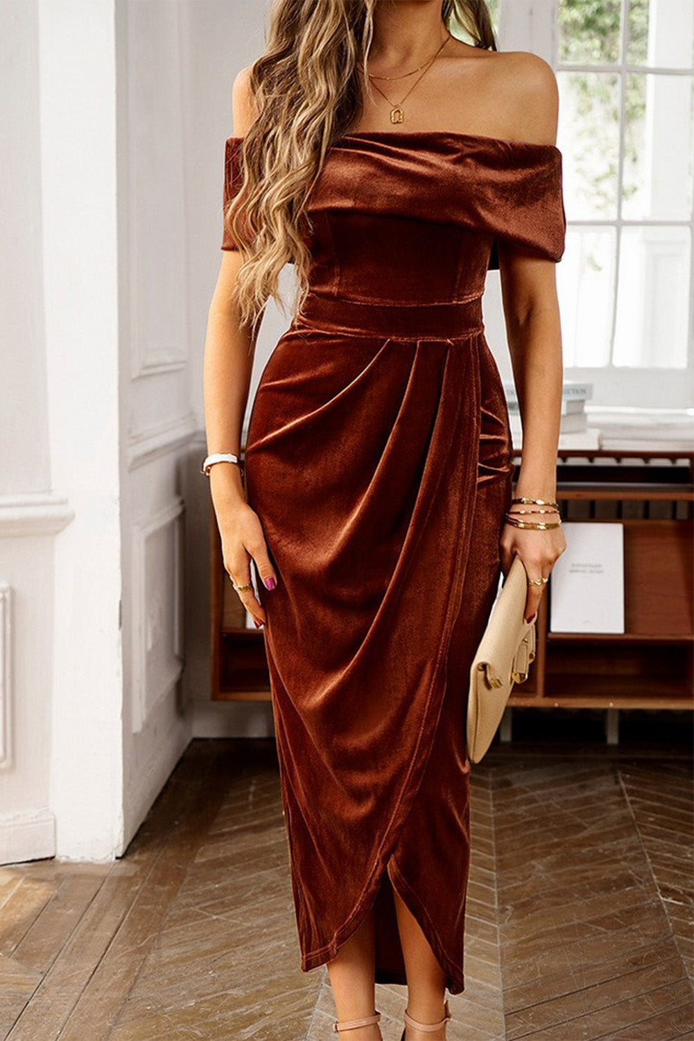 Chestnut Velvet Off Shoulder Pleated Wrap Evening Dress - SELFTRITSS