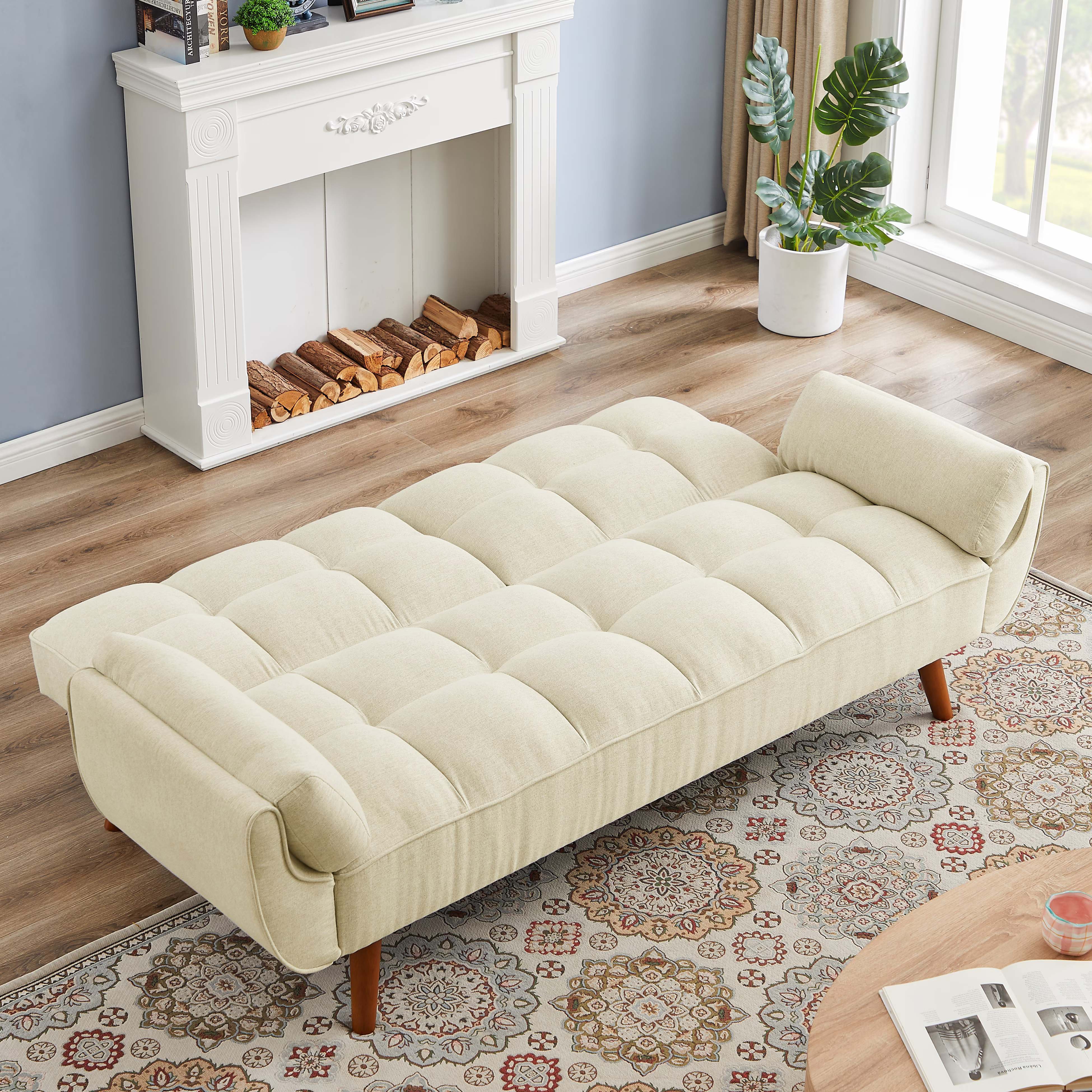 Cream 74.4 inch Foam Futon Sofa Bed