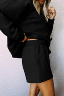 Black Textured Long Sleeve Top and Drawstring Shorts Set - SELFTRITSS