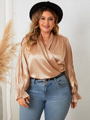 Plus Size Surplice Neck Flounce Sleeve Blouse - SELFTRITSS