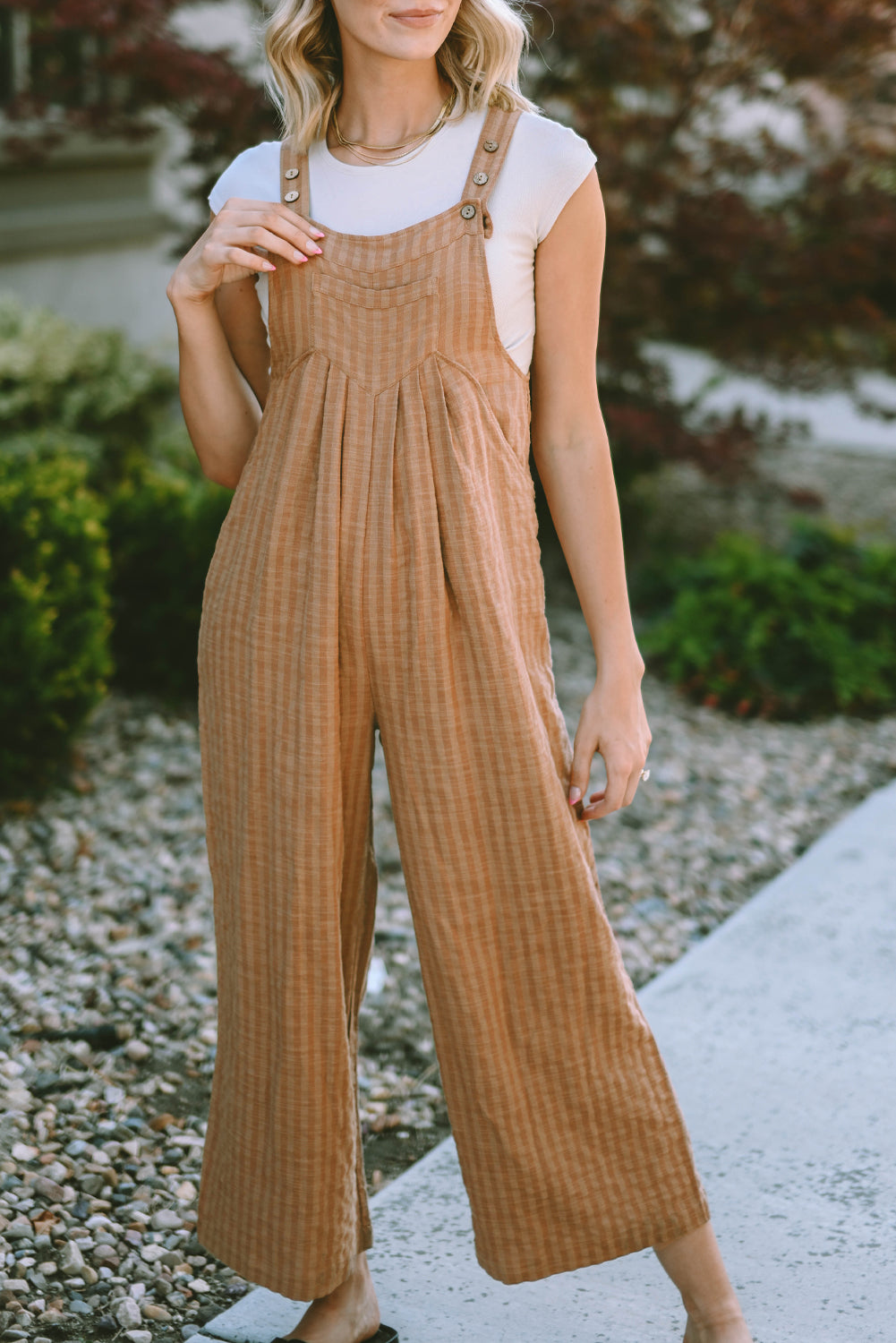 Brown Striped Pleated Wide Leg Pocketed Jumpsuit - SELFTRITSS   