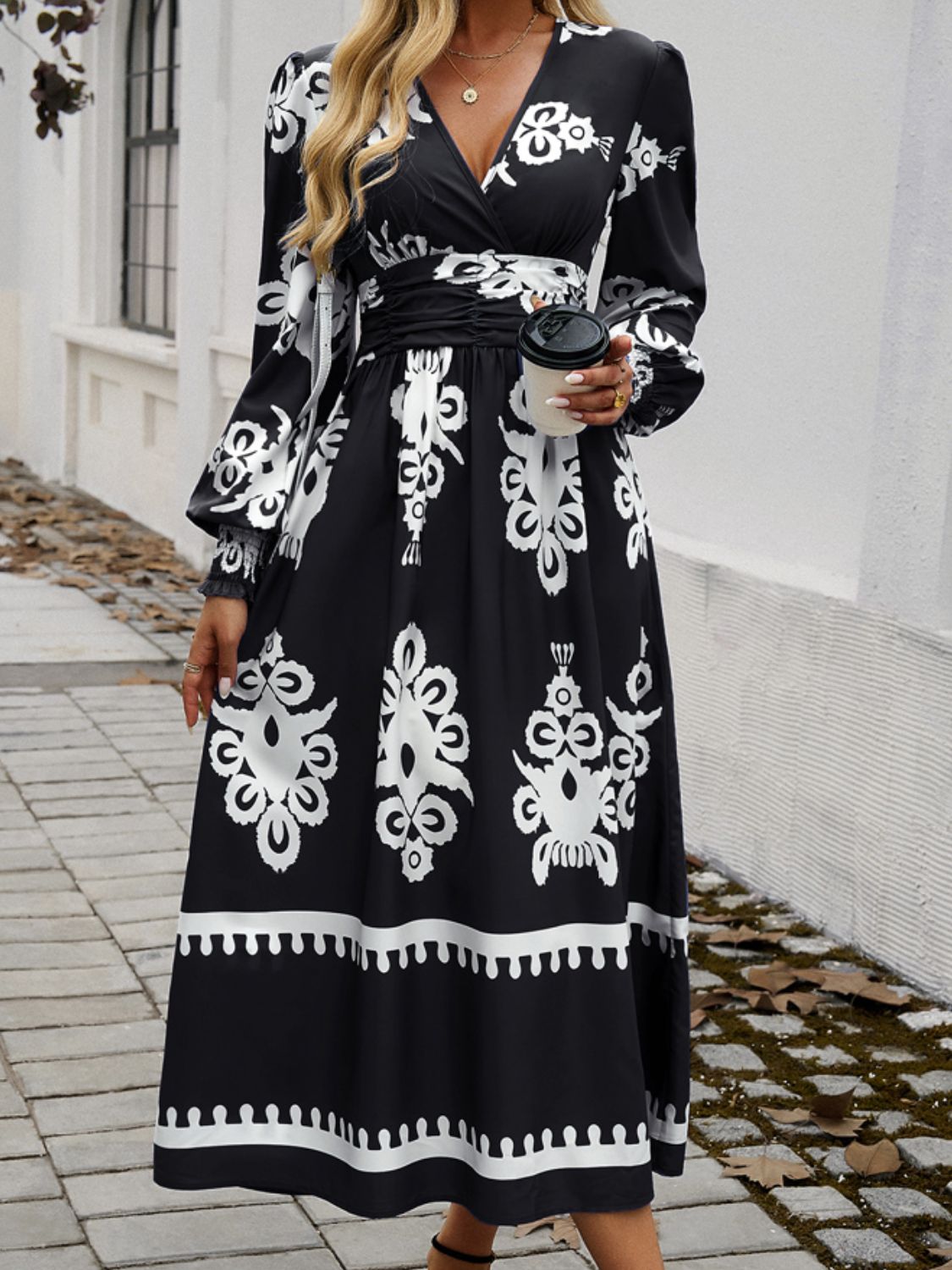 Devine Printed Surplice Lantern Sleeve Midi Dress - SELFTRITSS   