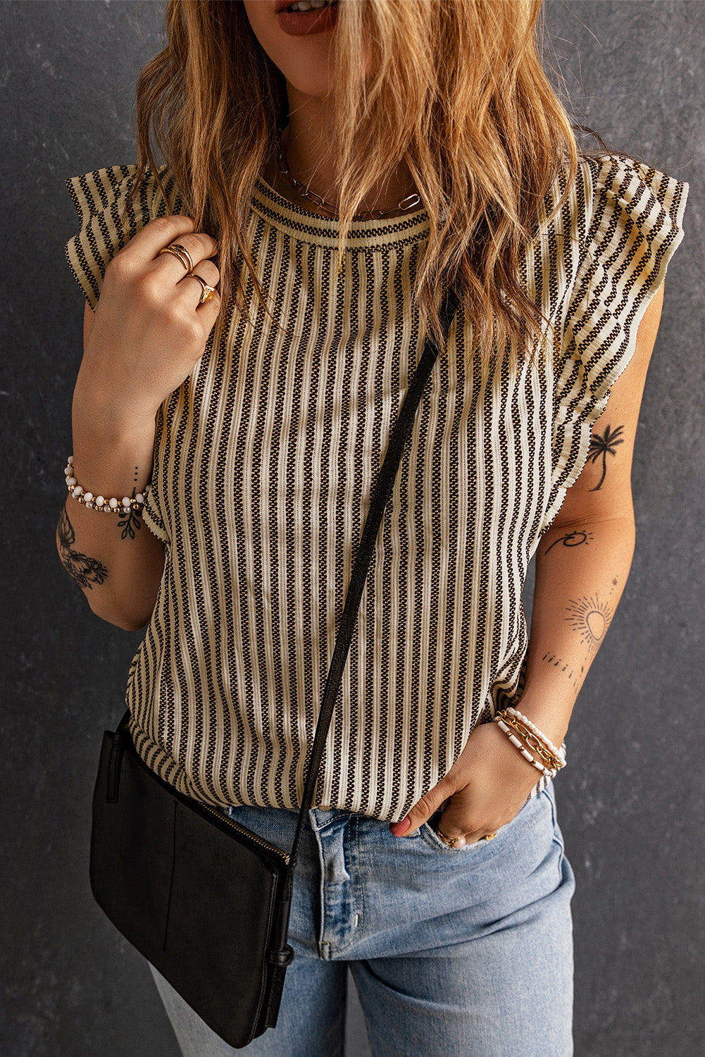 Khaki Striped Crew Neck Ruffled Tank Top - SELFTRITSS   