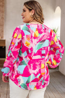 Pink Plus Size Graffiti Print Split Neck Puff Sleeve Blouse - SELFTRITSS