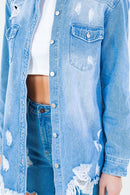 American Bazi Frayed Hem Distressed Denim Shirt Jacket - SELFTRITSS