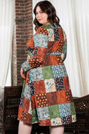 Green Printed Multicolor Western Checkered Plus Size Swing Dress - SELFTRITSS