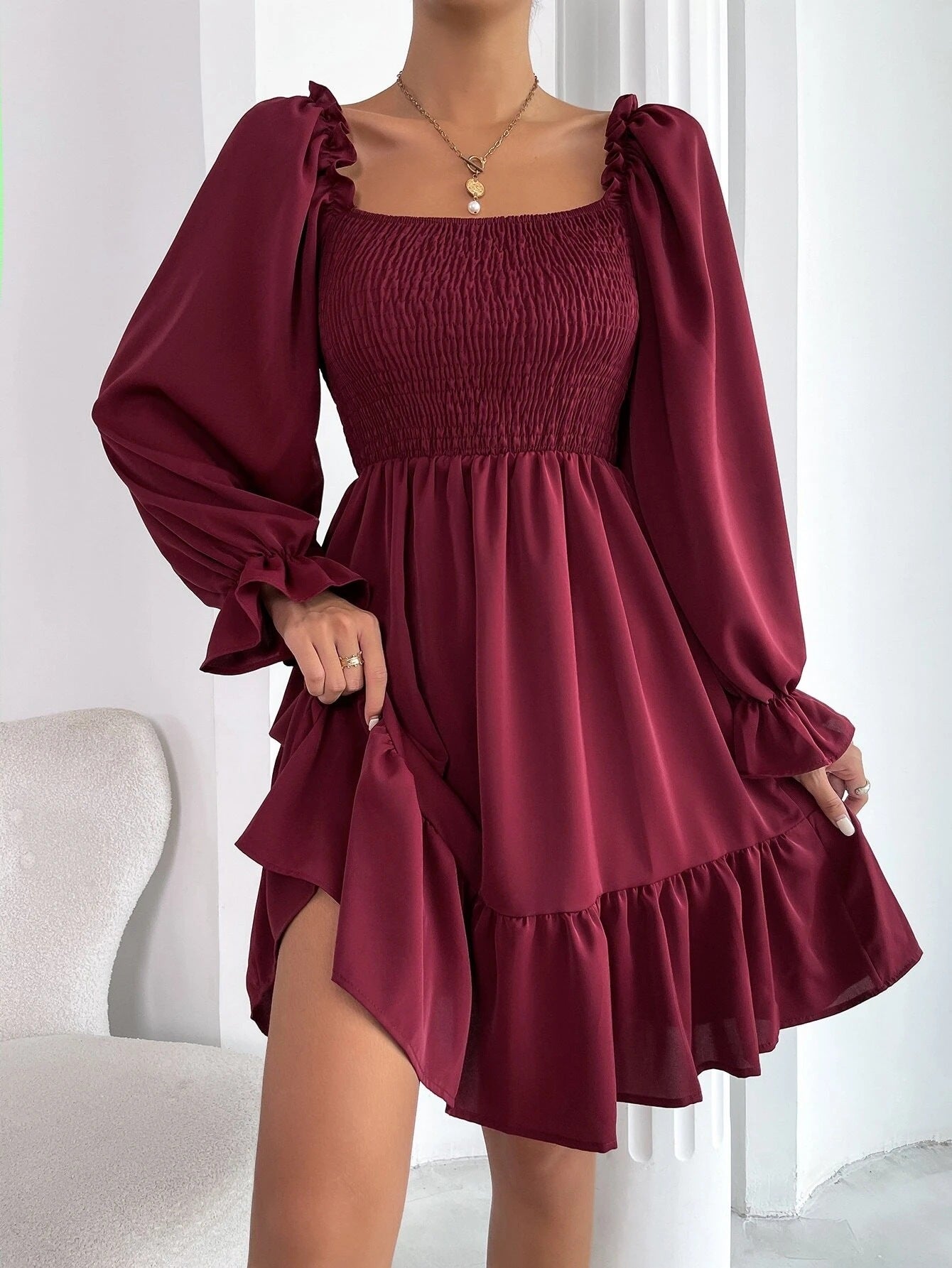 Flared Ruffle  Long Sleeve Dresses