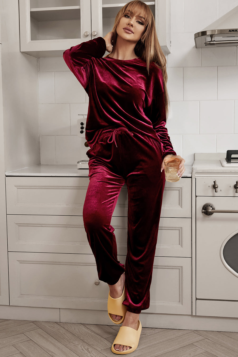 Fiery Red Solid Velvet Two Piece Lounge Set - SELFTRITSS