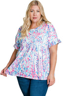 Purple Vibrant Botanical Print Frill Short Sleeve Plus Size Top - SELFTRITSS   