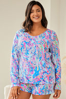 Sky Blue Plus Size Floral Print Long Sleeve and Shorts Lounge Outfit - SELFTRITSS