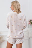 White Plush Star Pattern Long Sleeve Pullover and Shorts Lounge Set - SELFTRITSS