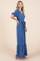 GeeGee Full Size V-Neck Belted Wide Leg Jumpsuit - SELFTRITSS