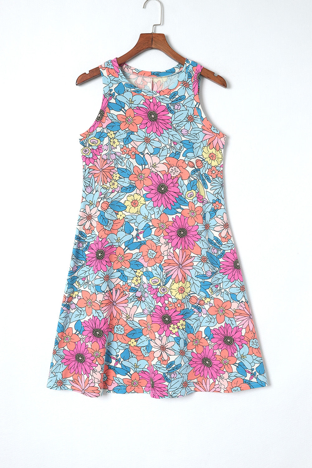 Multicolor Round Neck Sleeveless Floral Mini Dress - SELFTRITSS