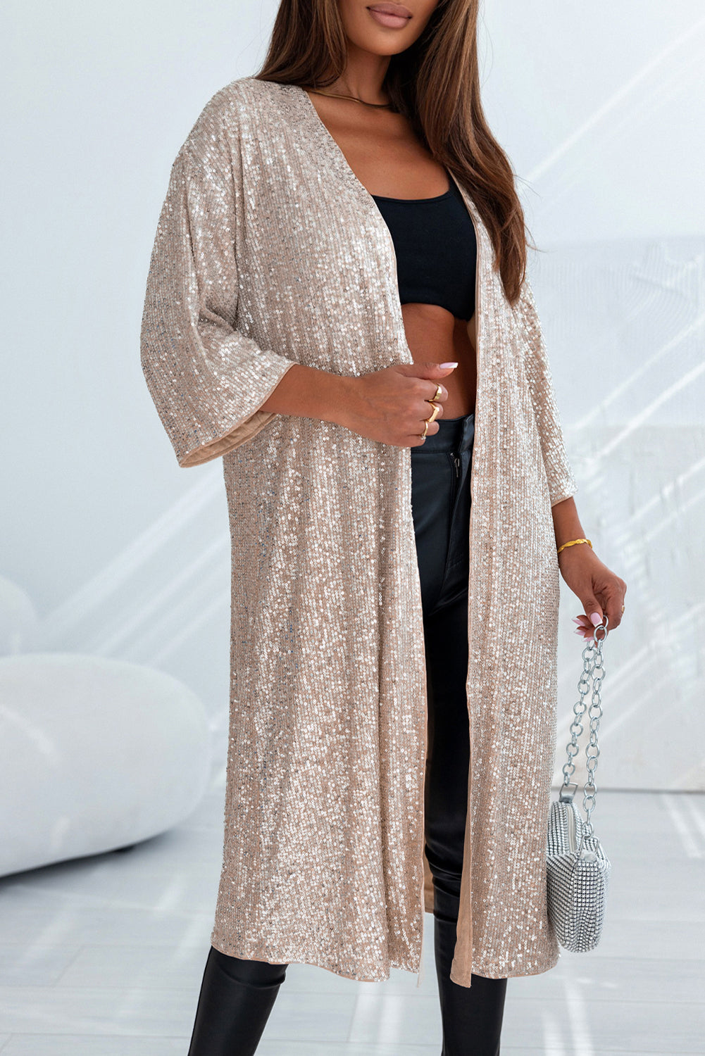 Apricot Sequin 3/4 Sleeve Open Front Duster Kimono - SELFTRITSS