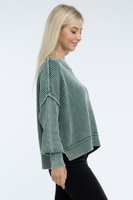 Sage Washed Side Slit Oversized Cropped Sweater