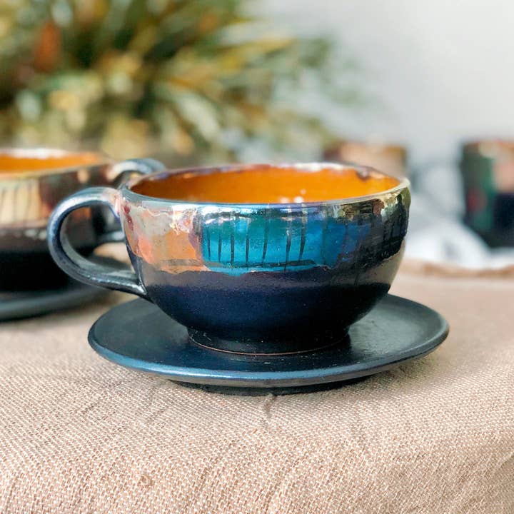 Black Cappuccino Cup & Saucer Set w/ Art Rim - SELFTRITSS
