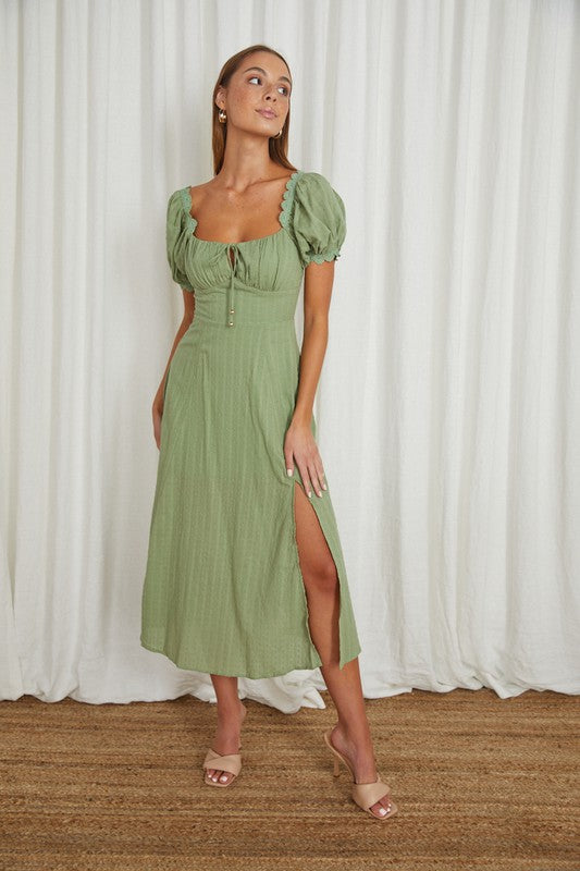 Puff Sleeved Tied Front Midi Dress - SELFTRITSS