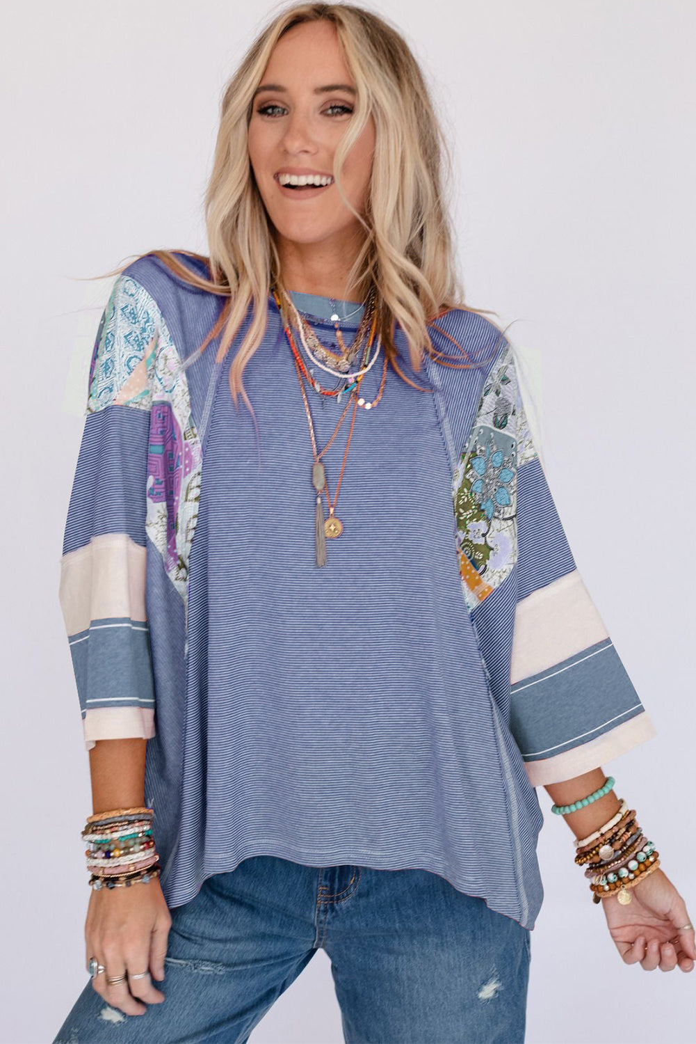 Sky Blue Printed Pinstriped Color Block Patchwork Oversized Top - SELFTRITSS