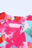 Pink Plus Size Graffiti Print Split Neck Puff Sleeve Blouse - SELFTRITSS