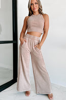 Pale Chestnut Mineral Wash Smocked Waistband Wide Leg Pants - SELFTRITSS