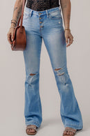 Beau Blue High Waist Button Front Ripped Flare Jeans - SELFTRITSS
