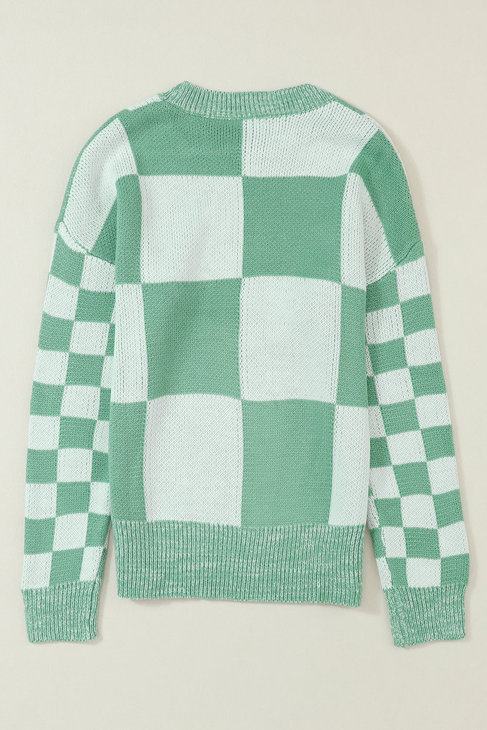 Mint Green Checkered Print Drop Shoulder Sweater - SELFTRITSS   