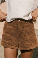 Brown Vintage Elastic Waist Back Pocketed Corduroy Shorts - SELFTRITSS