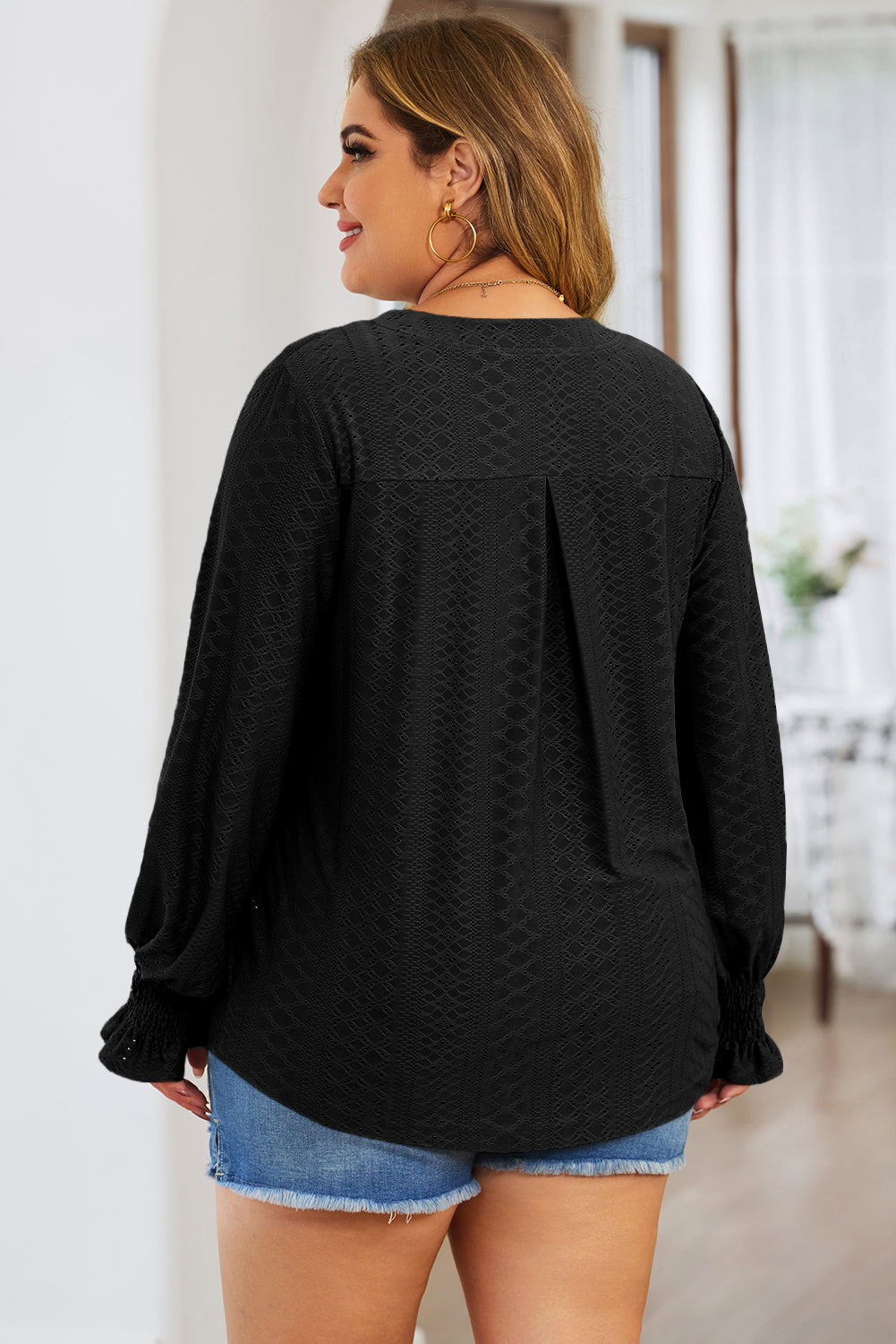 Black Eyelet Jacquard Split Neck Flounce Sleeve Plus Size Blouse