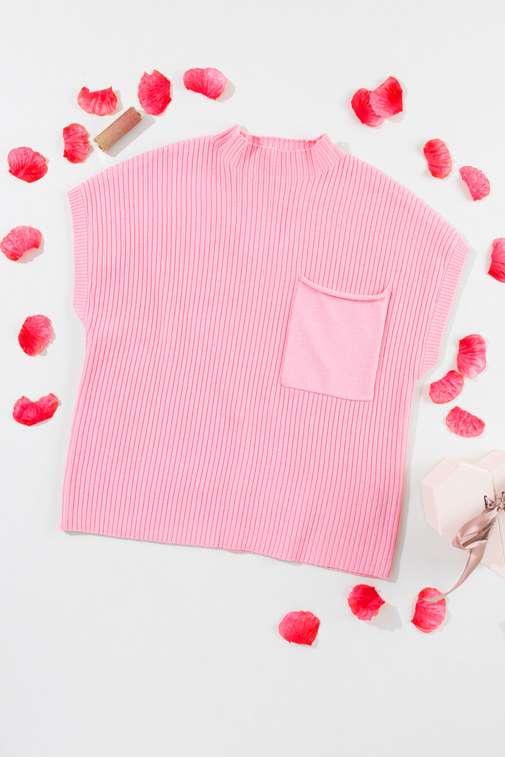 Pink Patch Pocket Ribbed Knit Short Sleeve Sweater - SELFTRITSS   