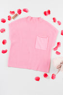 Pink Patch Pocket Ribbed Knit Short Sleeve Sweater - SELFTRITSS   