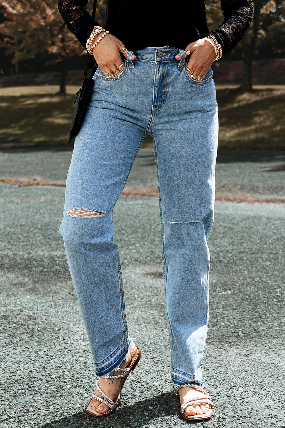 Light Blue Distressed Slit Leg Raw Edge Straight Jeans - SELFTRITSS