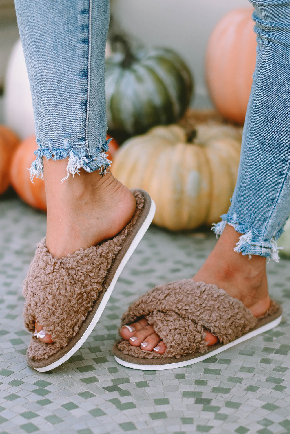 Brown Teddy Fur Cross Straps Home Slippers