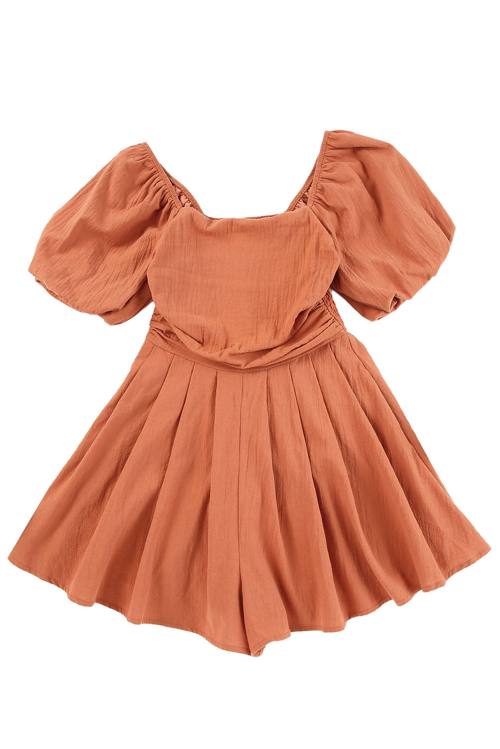 Brown Square Neck Ruched Puff Sleeve Romper - SELFTRITSS