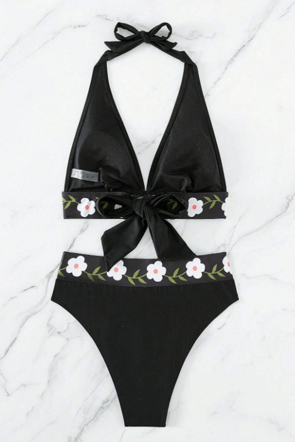 Black Floral Banded Halter High Waisted Swimsuit - SELFTRITSS