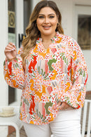 Orange Printed Floral Abstract Print Frilled V Neck Plus Size Blouse - SELFTRITSS