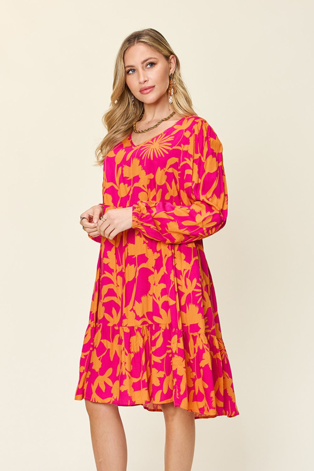 Double Take Full Size Printed Ruffle Hem Long Sleeve Dress - SELFTRITSS   