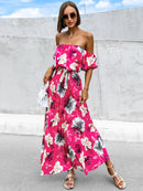 Pleated Floral Off-Shoulder Short Sleeve Midi Dress - SELFTRITSS   