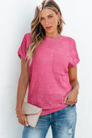 Bright Pink Lattice Textured Knit Short Sleeve Sweater - SELFTRITSS   