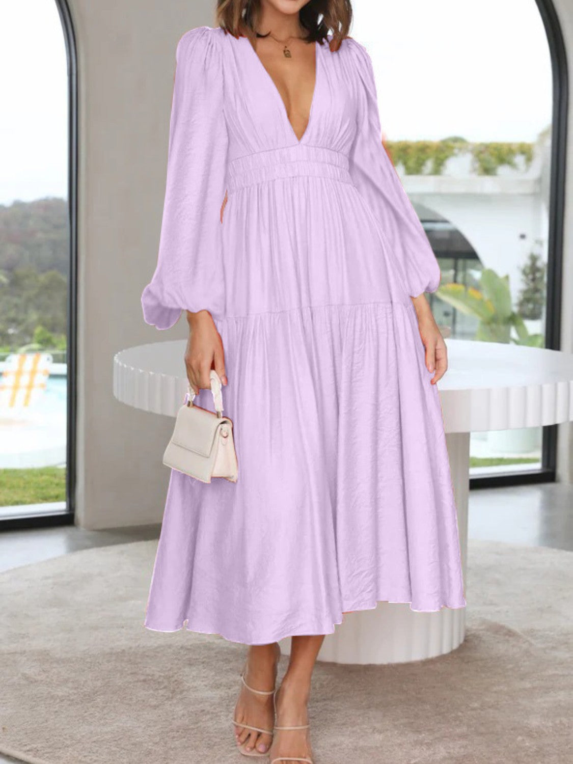 Deep V-Neck Balloon Sleeve Plain Maxi Dress - SELFTRITSS   