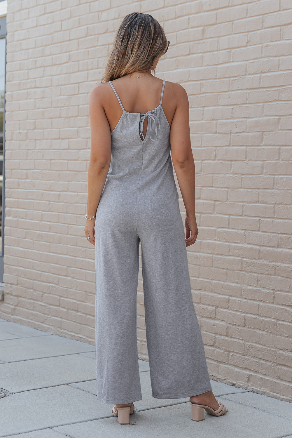 Gray Patch Pockets Spaghetti Strap Wide Leg Jumpsuit - SELFTRITSS   