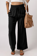 Black Drawstring Elastic Waist Casual Wide Leg Pants - SELFTRITSS   