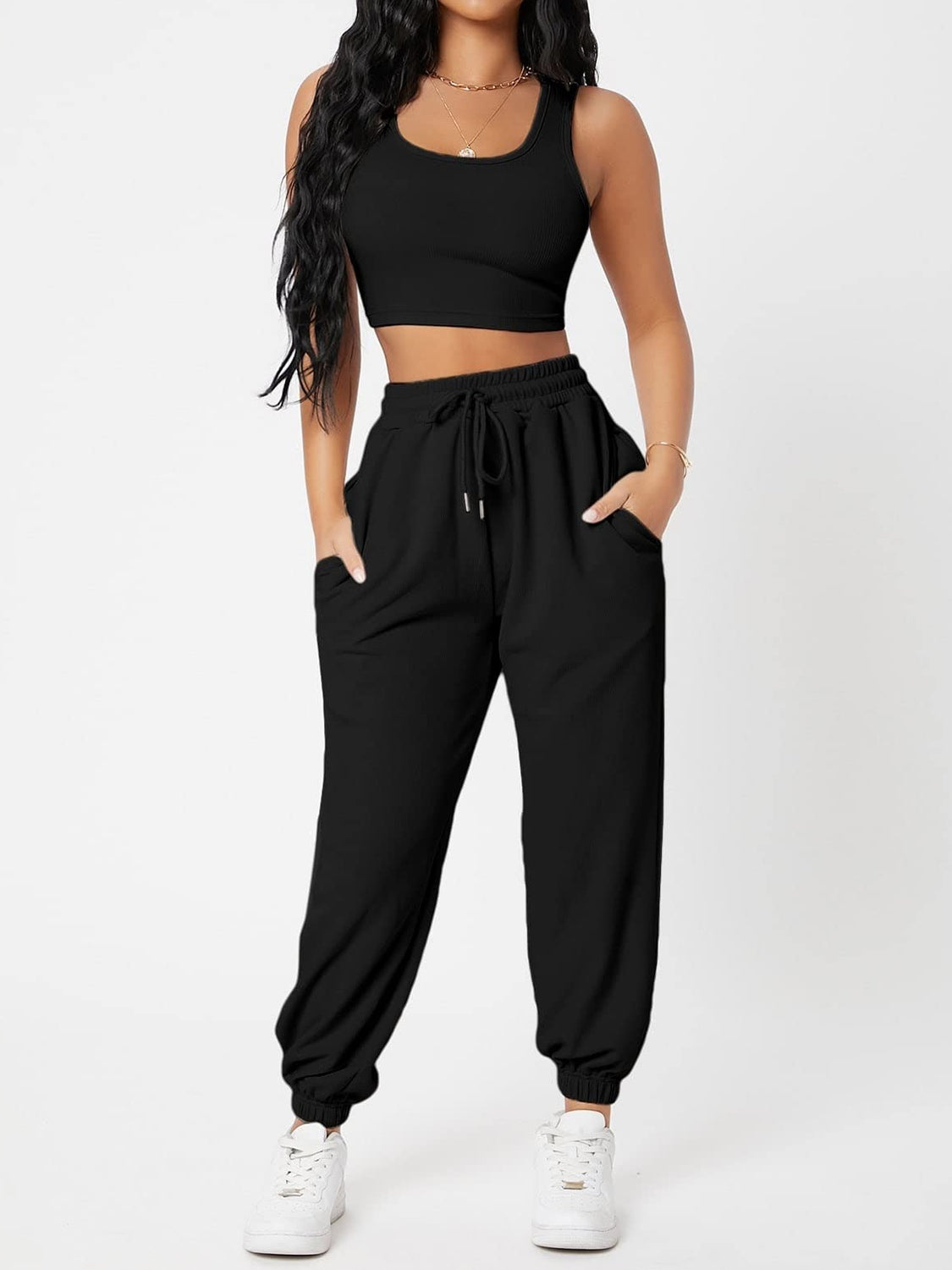 Wide Strap Top and Drawstring Joggers Set - SELFTRITSS