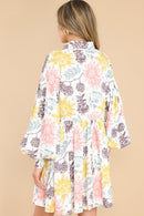 White Collared Neck Bubble Sleeve Floral Dress - SELFTRITSS