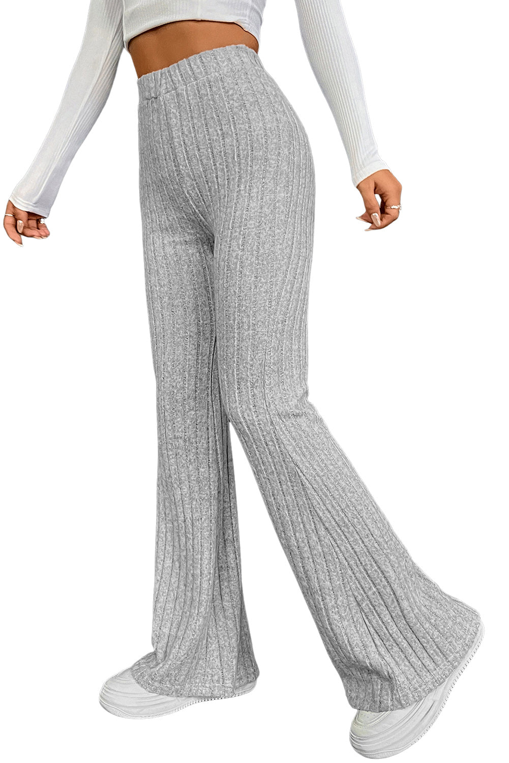 Gray Solid Color High Waist Ribbed Flare Pants - SELFTRITSS   