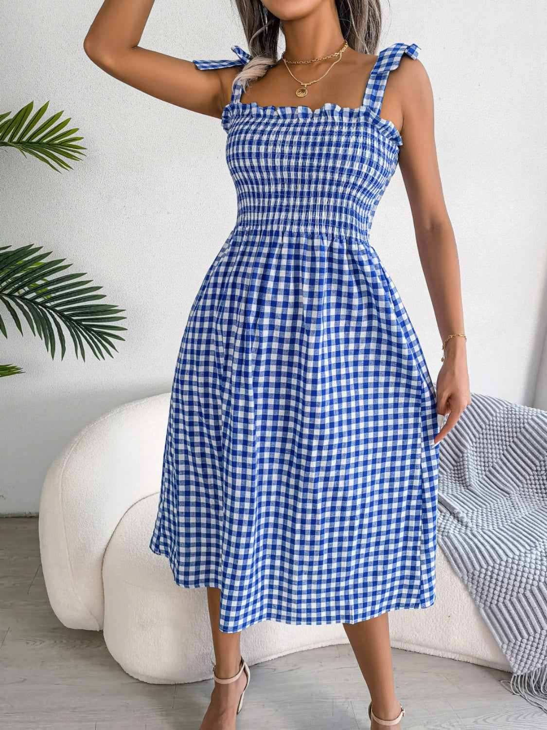 Frill Plaid Square Neck Midi Dress - SELFTRITSS   